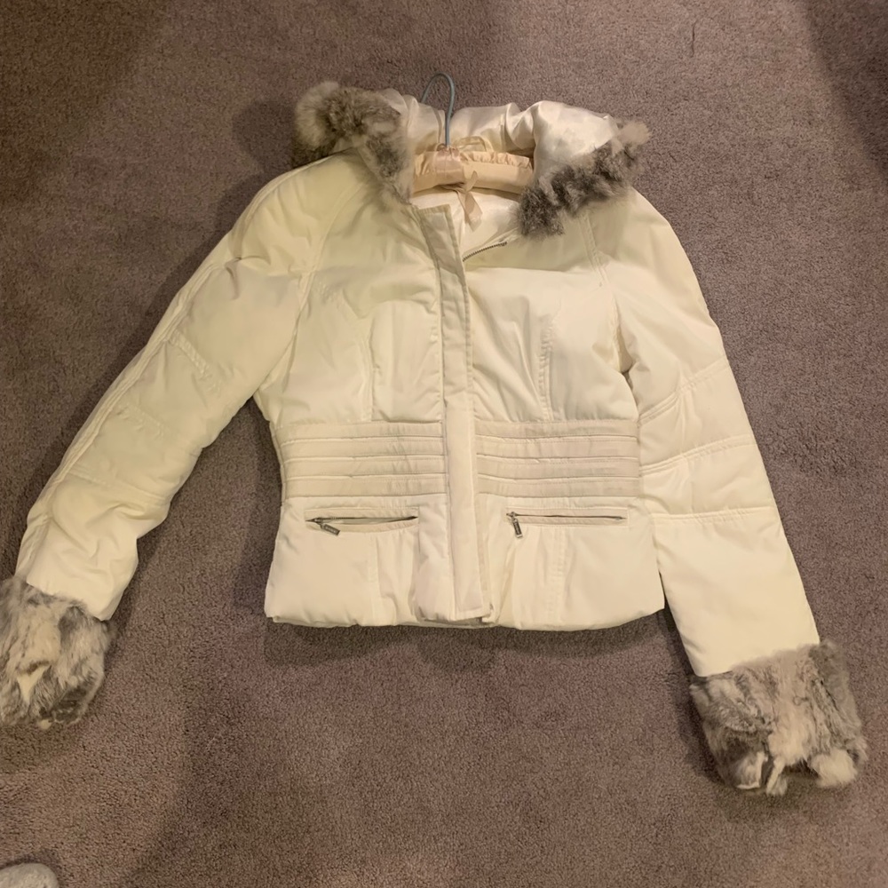 Bebe white jacket with real rabbit fur trimmed hood and sleeves